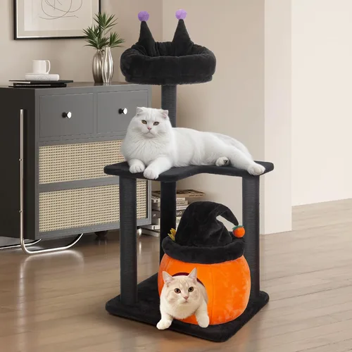 Vista 5 de KAMABOKO Árbol gótico para gatos, torre negra para gatos de 44.8 pulgadas con cama de ataúd, condominio grande y alto para gatos con postes