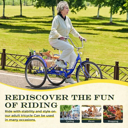 Vista 4 de Betterland Triciclo para adultos de 24/26 pulgadas, triciclo cómodo con canasta grande, bicicleta de crucero estable de 3 ruedas para compras
