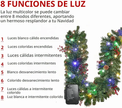Vista 5 de Guirnalda de Navidad con luces de 9 pies, guirnalda de Navidad iluminada, funciona con pilas, 8 modos de iluminación, 50 luces LED, guirnalda