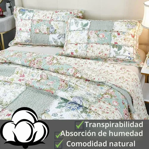Vista 2 de Brandream - Juego de edredones de tamaño Queen, patchwork de algodón, edredón acolchado con estampado floral campestre verde, juego de colchas