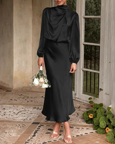 Vista 3 de BTFBM Vestido de satén con cuello alto falso para mujer, elegante, manga larga, cintura alta, formal, para boda, cóctel, fiesta, maxi vestidos
