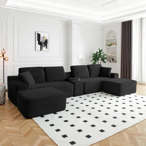 Vista 3 de Sofá modular modular de 150 pulgadas, sofá de nube moderno de gran tamaño para sala de estar, sofás en forma de U con 2 otomanas, puertos USB y Negro