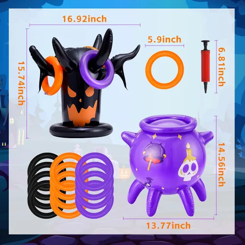 Vista 2 de Juego de lanzamiento de anillos de Halloween, inflable, espeluznante, juego de lanzamiento de brujas para niños, suministros de fiesta de Halloween