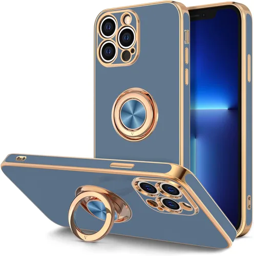 Vista 9 de Hython Funda para iPhone 13 Pro Max con soporte de anillo [soporte de anillo giratorio de 360° con soporte magnético] [borde chapado en oro rosa]