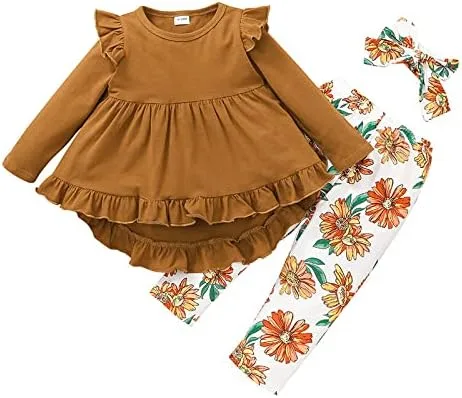 Vista 2 de GDDXLM Conjunto de traje de bebé para niña pequeña, con volantes, manga larga, pantalones florales con diadema, traje de traje de niña pequeña
