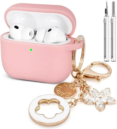 Vista 10 de KOUJAON Funda compatible con AirPods Pro 3 2025 con kit limpiador de llavero brillante, funda de silicona para auriculares inalámbricos AirPods Pro