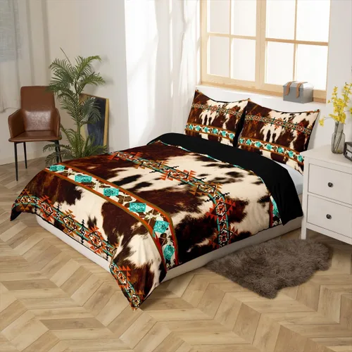 Vista 6 de Erosebridal Funda de edredón de piel de vaca marrón con estampado de vaca de las tierras altas, juego de ropa de cama occidental exótico azteca