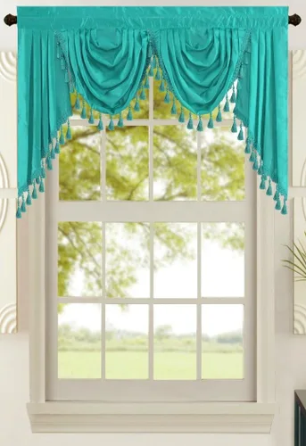 Vista 16 de All American Collection Nueva Cenefa de Cascada Doble de Seda Sintética Sólida Adjunta con Colas (55" x 32", Cenefa Beige)