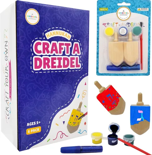 Vista 5 de The Dreidel Company Craft-A-Dreidel, crea tu propia personalización, el kit incluye 2 Dreidels de madera, 3 colores, 1 cepillo, 1 purpurina