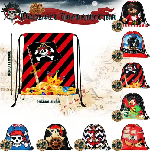 Vista 4 de Woanger 16 bolsas de recuerdo de fiesta pirata, bolsas con cordón para niños, capitán calavera, regalo para Halloween, cosplay, aventura
