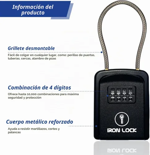 Vista 5 de Iron Lock ® - Caja de bloqueo de llaves portátil con grillete de cable extraíble para interiores y exteriores, impermeable, combinación de 4 dígitos
