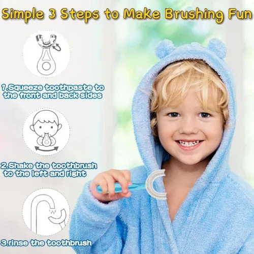 Vista 6 de YOTEE Cepillo de dientes en forma de U para niños, 2 piezas, cepillo de dientes para niños pequeños con cabezal de cepillo de silicona suave