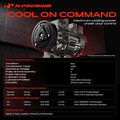 Vista 2 de A-Premium Compresor de aire acondicionado CA con embrague compatible con Hyundai Sonata 2.0L 2.4L 2012-2014, Kia Optima 2.0L 2.4L 2012-2018