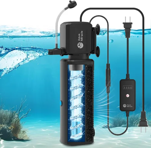 Vista 11 de AquaMiracle Filtro de acuario con luz U - V y esponja de filtro, filtro de tanque de peces con temporizador para agua verde, filtro de tortuga