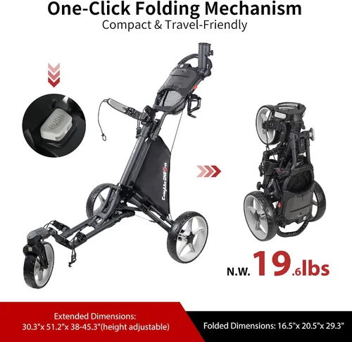 Vista 7 de Caddytek CaddyLite ONE-Swivel V8 - Carrito de golf plegable de 3 ruedas con un clic, ligero, con una rueda delantera giratoria de 360°, mango