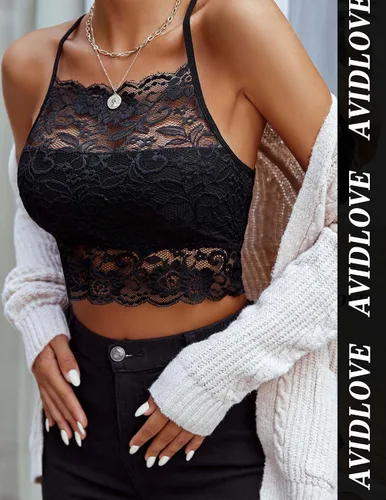 Vista 3 de Avidlove Bralette de encaje para mujer, camisolas de cuello alto, espalda cruzada, top corto de doble capa