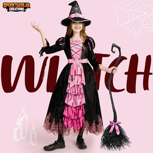 Vista 2 de Spooktacular Creations Disfraz de bruja de cuento de hadas con escoba para niñas