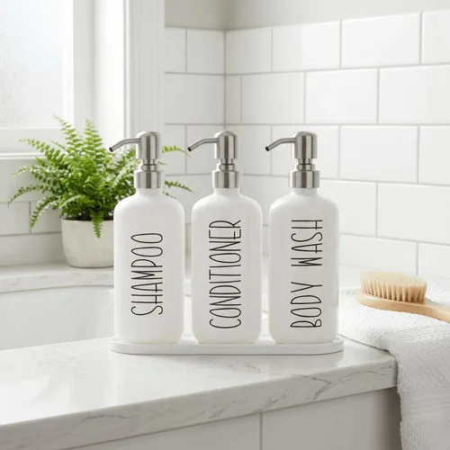 Vista 5 de MOMEEMO Botellas recargables de champú y acondicionador con bandeja, color Blanco y plateado