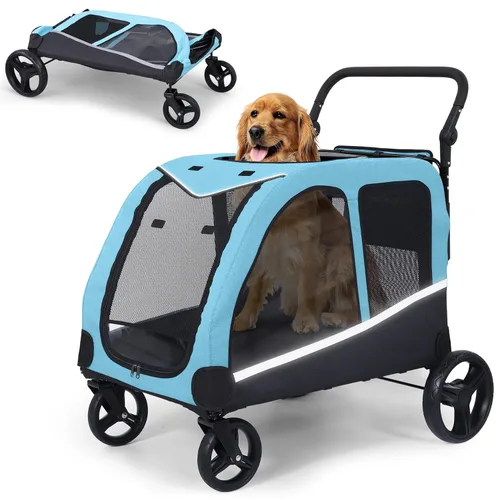 Vista 10 de Cochecito para perros grandes, cochecito extra grande para mascotas para perros medianos, carrito para perros, diseño plegable, asa ajustable