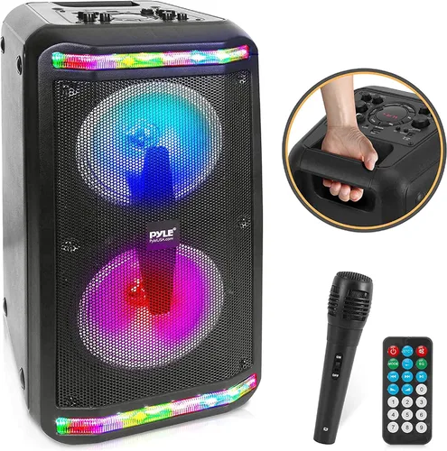 Vista 9 de Pyle Sound Around - Altavoz Bluetooth y sistema de micrófono, altavoz de karaoke estéreo portátil con micrófono con cable, lectores MP3/USB/Micro