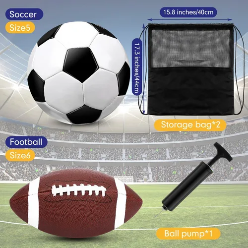 Vista 2 de RoundFunny El juego de 2 pelotas deportivas incluye tamaño 6 de fútbol tamaño 5 con bomba y bolsa de transporte, equipo de práctica de entrenamiento