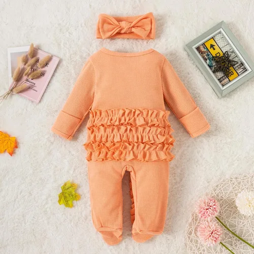 Vista 3 de Newborn Baby Girl Boy Footie Romper Coming Home Long Sleeve Ruffle Waffle Knit Zipper Onesie with Headband Outfits