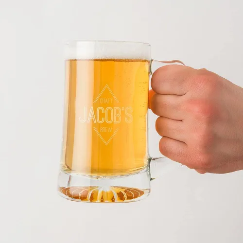 Vista 2 de WEDDINGSTAR Taza de cerveza de vidrio personalizable de 14 onzas - Grabado de emblema de diamante