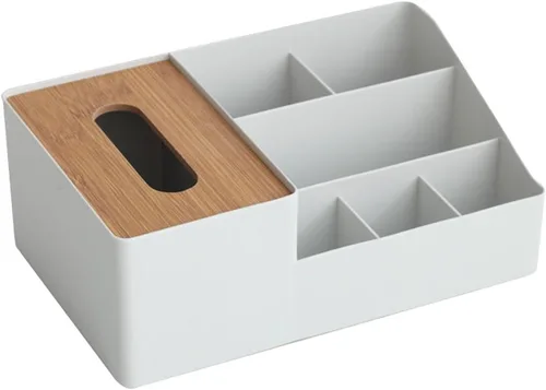 Vista 9 de Soporte para caja de pañuelos de bambú para tableta, organizador de cajas de papel multifuncional, cubierta de caja de pañuelos con almacenamiento