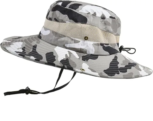 Vista 6 de Sombrero de camuflaje militar de ala ancha para pesca de verano, caza, camping, senderismo, sombrero de sol al aire libre, sombrero Boonie Verde