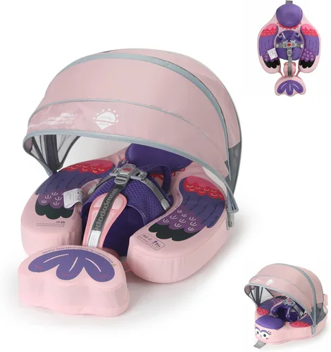 Vista 9 de Mambobaby Flotador para bebé con toldo y cola, flotador no inflable para piscina, correa de seguridad ajustable, entrenador de natación para niños