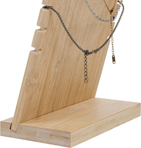 Vista 7 de MyGift soporte para collaresMyGift paquete de 2 soportes para joyería de bambú con panel de PU y diseño de múltiples estantes – Bases desmontables