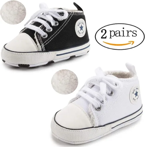 Vista 4 de KIDSUN - Zapatos deportivos unisex de caña alta para bebés, mezclilla de lona, suela antideslizante, suaves, para los primeros pasos