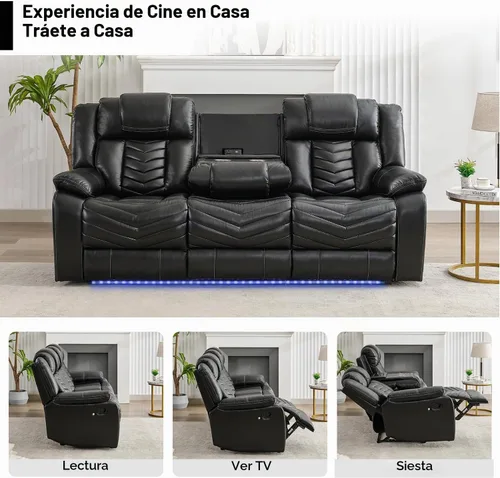 Vista 4 de Sofá reclinable manual con cargador inalámbrico para sala de estar, 3 plazas eléctrico de cuero con reclinable, juego de sofá reclinable de 3