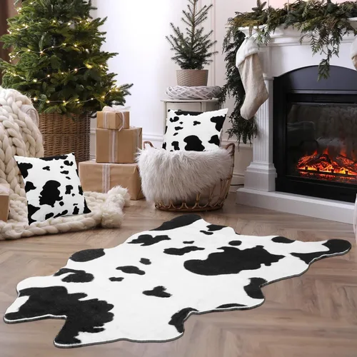Vista 2 de Amylove Alfombra de piel de vaca y 2 fundas de almohada de vaca, duraderas y de gran tamaño, con estampado de piel de vaca, almohadas para sala