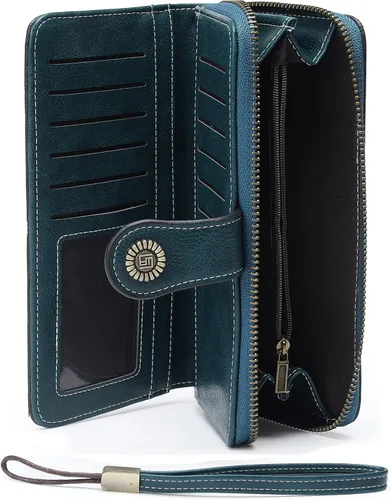 Vista 2 de Billetera de cuero para mujer, de gran capacidad, con cremallera, cartera con cremallera para mujer, 1-azul pavo real, L, Moderno