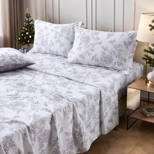 Vista 18 de FADFAY Juego de sábanas bajeras de tamaño individual color gris con estampado floral blanco con bolsillo profundo, súper suaves, de fácil cuidado