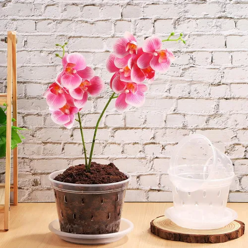 Vista 9 de 3pcs Plastic Orchid Pots and Saucer Set with Drainage Holes