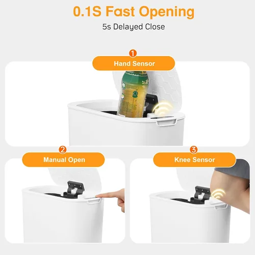 Vista 6 de Basurero de baño con tapa de 5 galones, color blanco, sin contacto, automático, sin contacto, para cocina, dormitorio, oficina, sala de estar