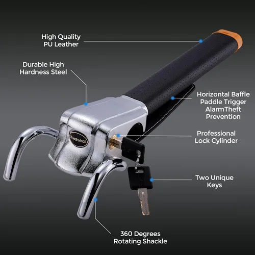 Vista 4 de Blueshyhall Cerradura para volante de vehículo, dispositivos de bloqueo antirrobo, cerradura de seguridad resistente para automóvil, camión, SUV