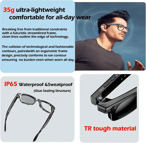 Vista 6 de Gafas inteligentes con cámara, 8MP HD AI Smart Glasses 1080P Video Recording Glasses con asistente de voz, traducción en tiempo real, asistente