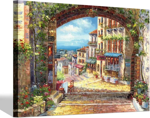 Vista 9 de SD SOFT DANCE Lienzo decorativo para pared de pueblo italiano, pintura de pueblo costero, reproducción de obras de arte para sala de estar