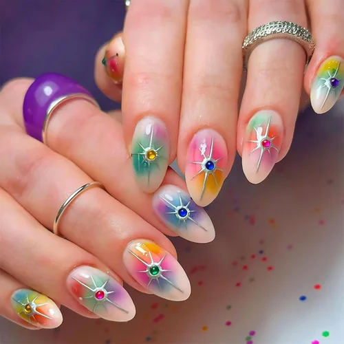 Vista 16 de Aurora - Uñas postizas a presión degradadas, uñas postizas largas de almendra, diseño de sol y luna brillante, uñas artificiales reutilizables