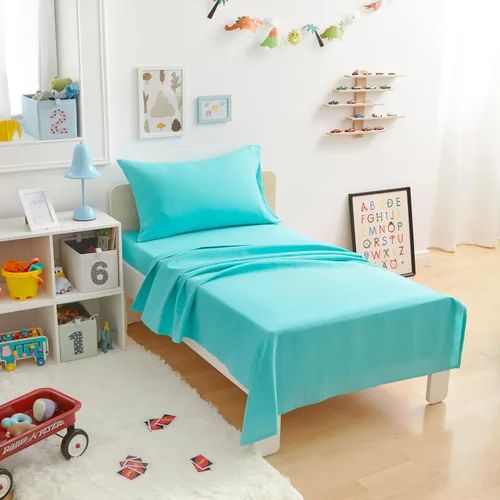 Vista 14 de Amazon Basics Juego de sábanas para niños de microfibra ligera, suave y fácil de lavar, 3 piezas, tamaño Twin, Aqua brillante, diseño sólido