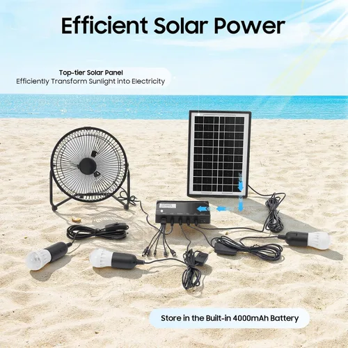 Vista 3 de Kit de ventilador solar y luz con 3 bombillas, carga USB, portátil, camping al aire libre