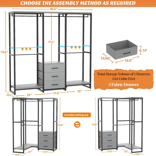 Vista 3 de Aheaplus Perchero de ropa resistente para colgar ropa, estante de ropa con cajones, estante de madera para armario independiente, organizador de Gris