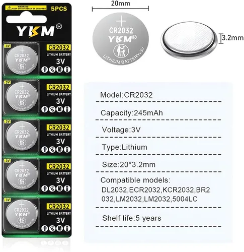 Vista 2 de YKM Paquete de 5 baterías de litio CR2032 de 3 V DL2032 con sensor de anillo para control remoto de reloj y automóvil (5 años de vida útil)