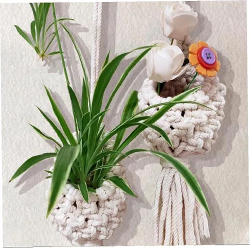 Vista 5 de 2 soportes para plantas de aire de macramé, cordón de algodón, colgador de plantas de aire, mini macetas colgantes para decoración de dormitorio