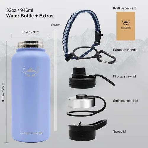 Vista 6 de NATURE PIONEOR Botellas de agua aisladas con mango de paracord - Botella de agua deportiva al vacío de boca ancha de 32 onzas con 3 tapas, acero