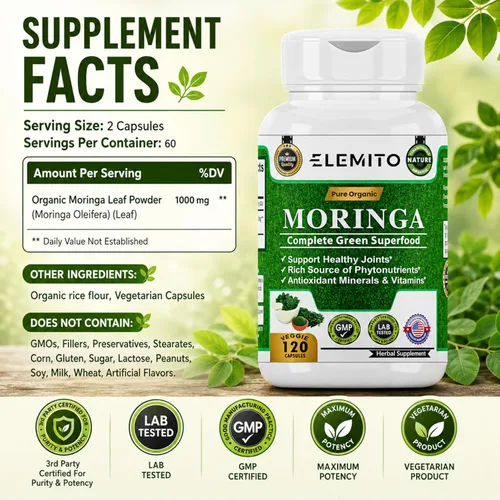 Vista 2 de Moringa Oleifera Cápsulas de 1000 mg Polvo de hoja de moringa pura Superalimento verde para el metabolismo y el apoyo inmunológico Sin OMG