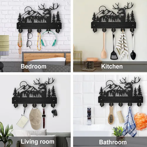 Vista 7 de MAYJOYDIY Perchero de pared de madera con 5 ganchos, diseño de ciervo de bosque negro, soporte para llaves y organizador para entrada, pasillo, sala